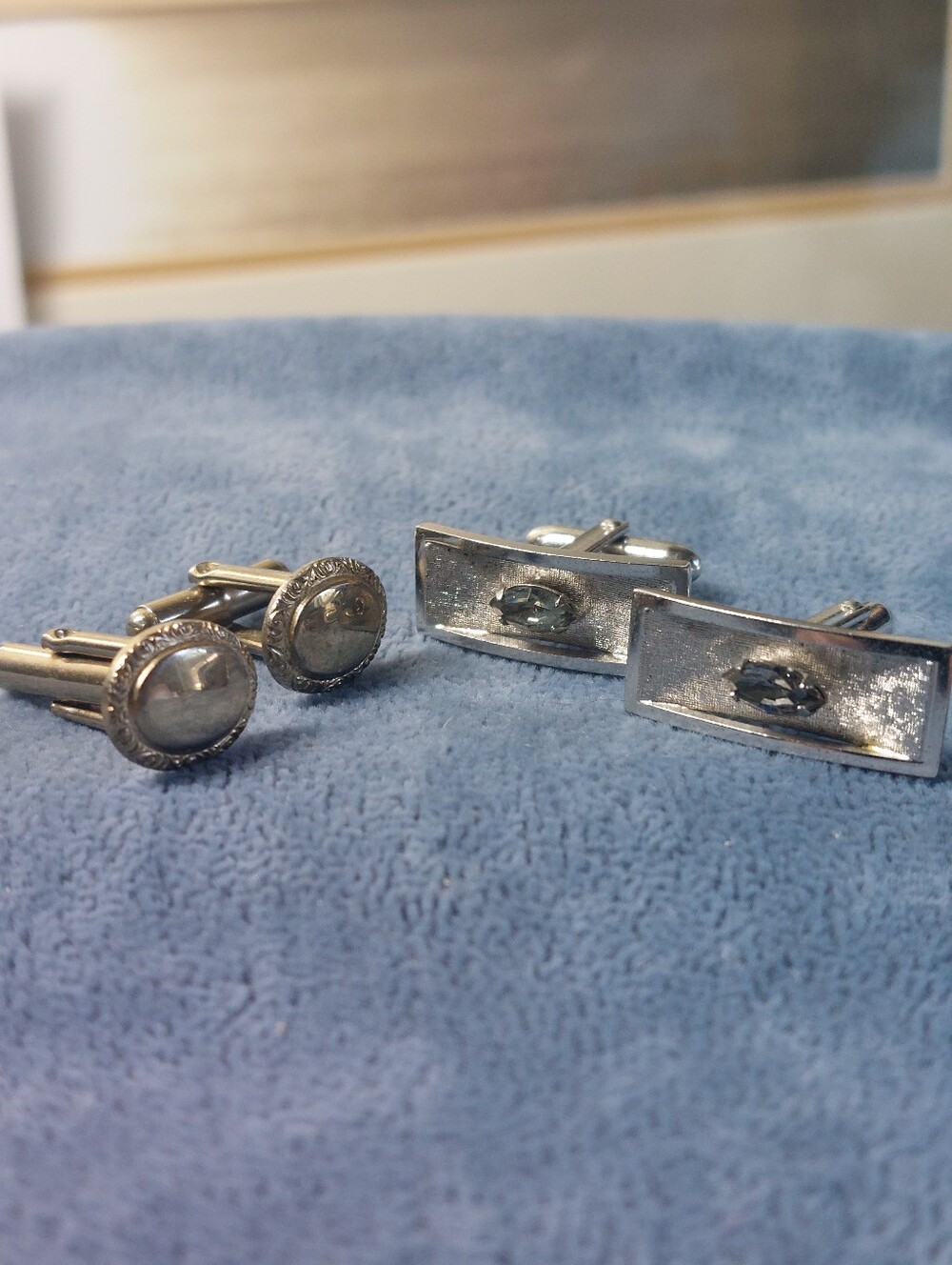 Vintage Estate Silvertone Cufflinks Lot of 2 Pairs Textured Gemstone Oval Etched